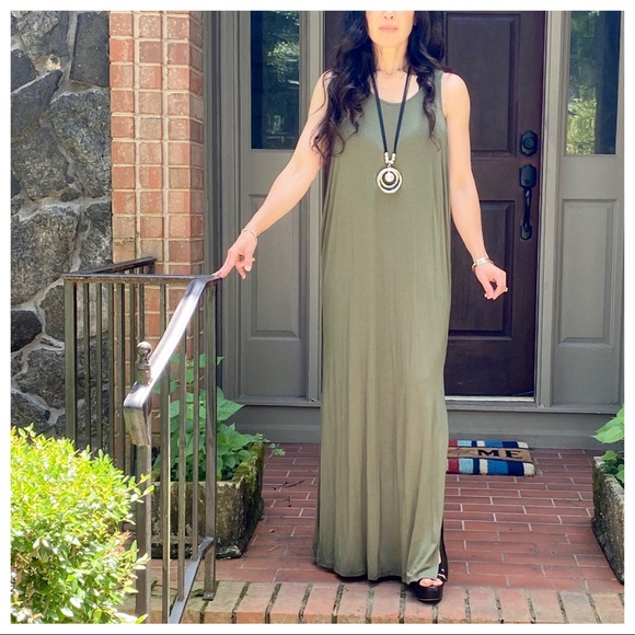 OLIVE GREEN SIDE SLITS TANK MAXI DRESS - Picture 7 of 15